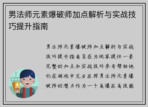 男法师元素爆破师加点解析与实战技巧提升指南